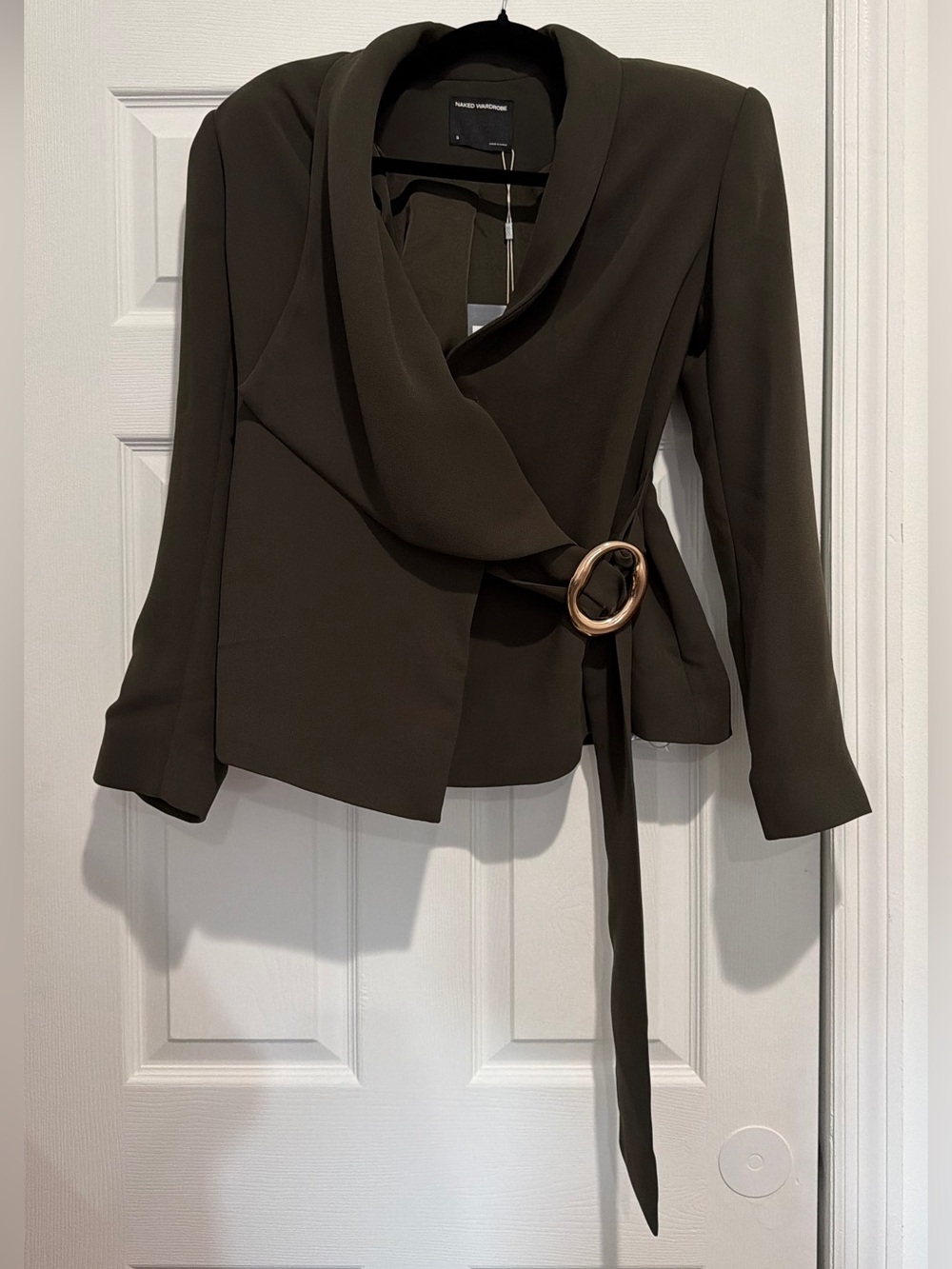 Naked Wardrobe Forest Green Draped A-symmetric Wrap Blazer with Gold Ring Belt